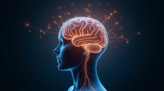 Photorealistic editorial image showing a human brain illuminated with artistic light patterns symbolizing memory and cognitive enhancement