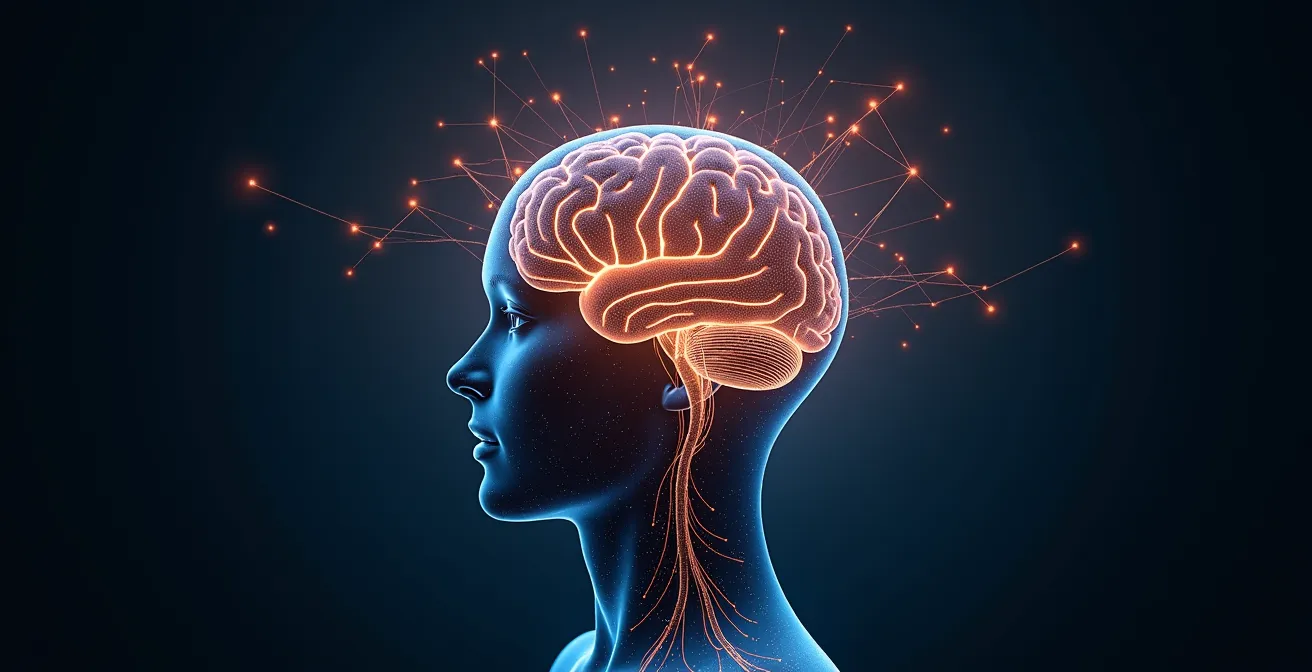 Photorealistic editorial image showing a human brain illuminated with artistic light patterns symbolizing memory and cognitive enhancement
