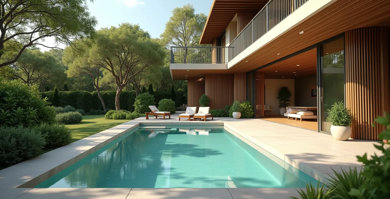 Espace spa et bien-être extérieur d'une villa de luxe avec jacuzzi et nature environnante