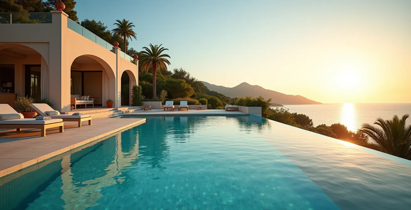 Vue panoramique d'une villa de luxe à Ramatuelle avec jardins paysagers, piscine à débordement et vue sur la mer Méditerranée sous lumière dorée du coucher de soleil