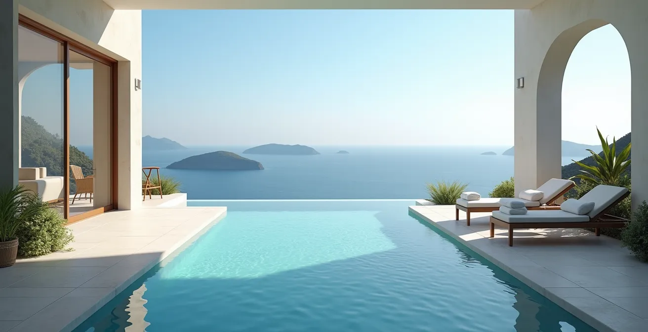 Photographie d'une terrasse extérieure d'une villa de luxe avec piscine privée, mobilier design et vue mer