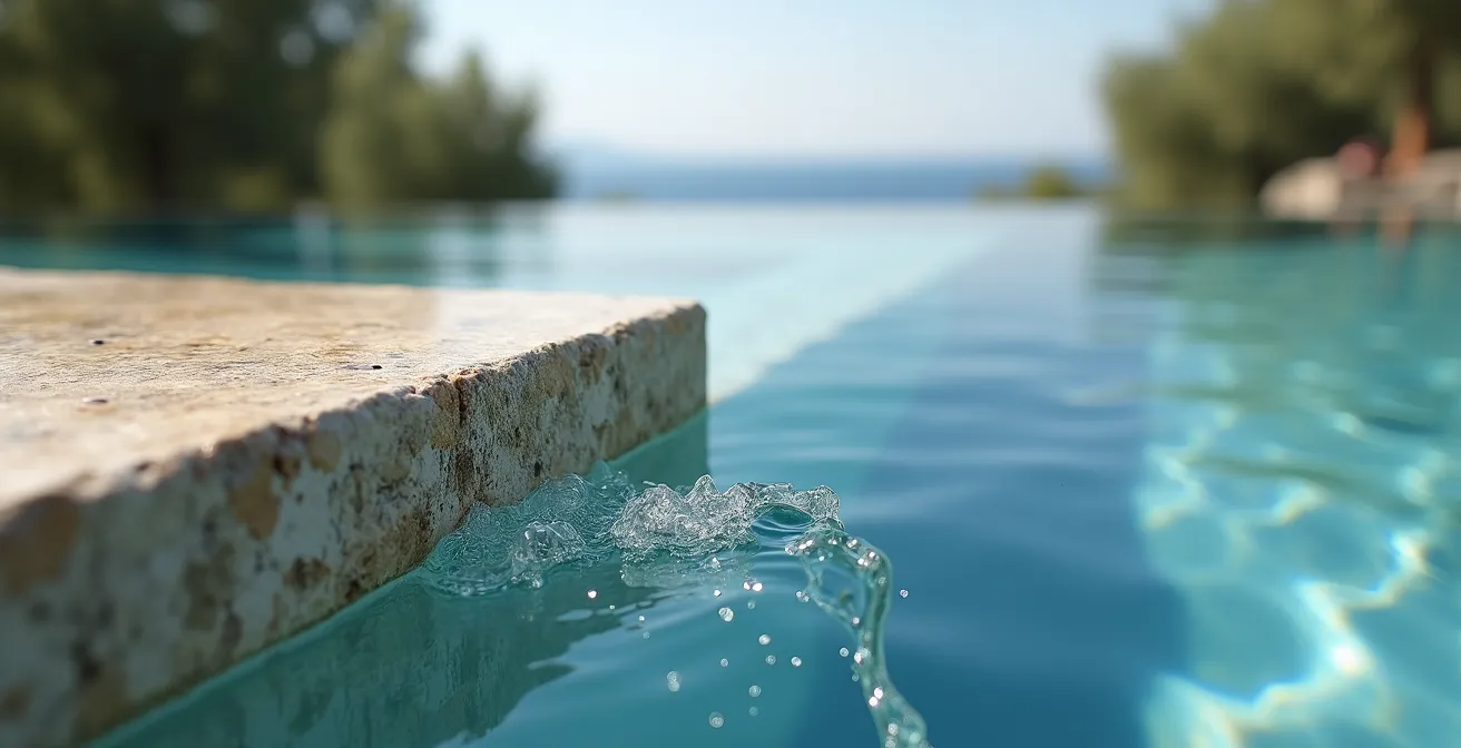 Elegant infinity pool overlooking Mediterranean coastline with natural stone terracing and olive trees