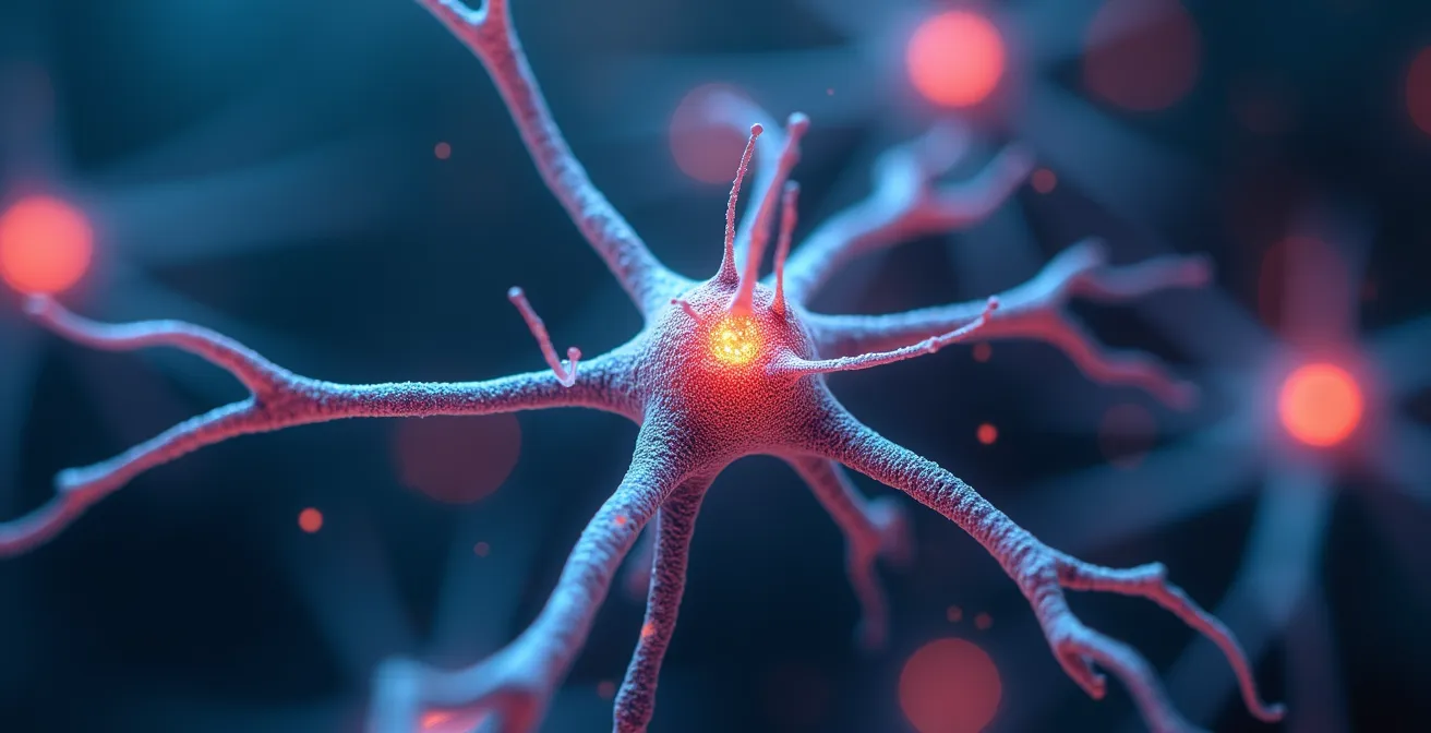 Close-up photorealistic image showing glowing neural synapses and neurotransmitter activity within the brain