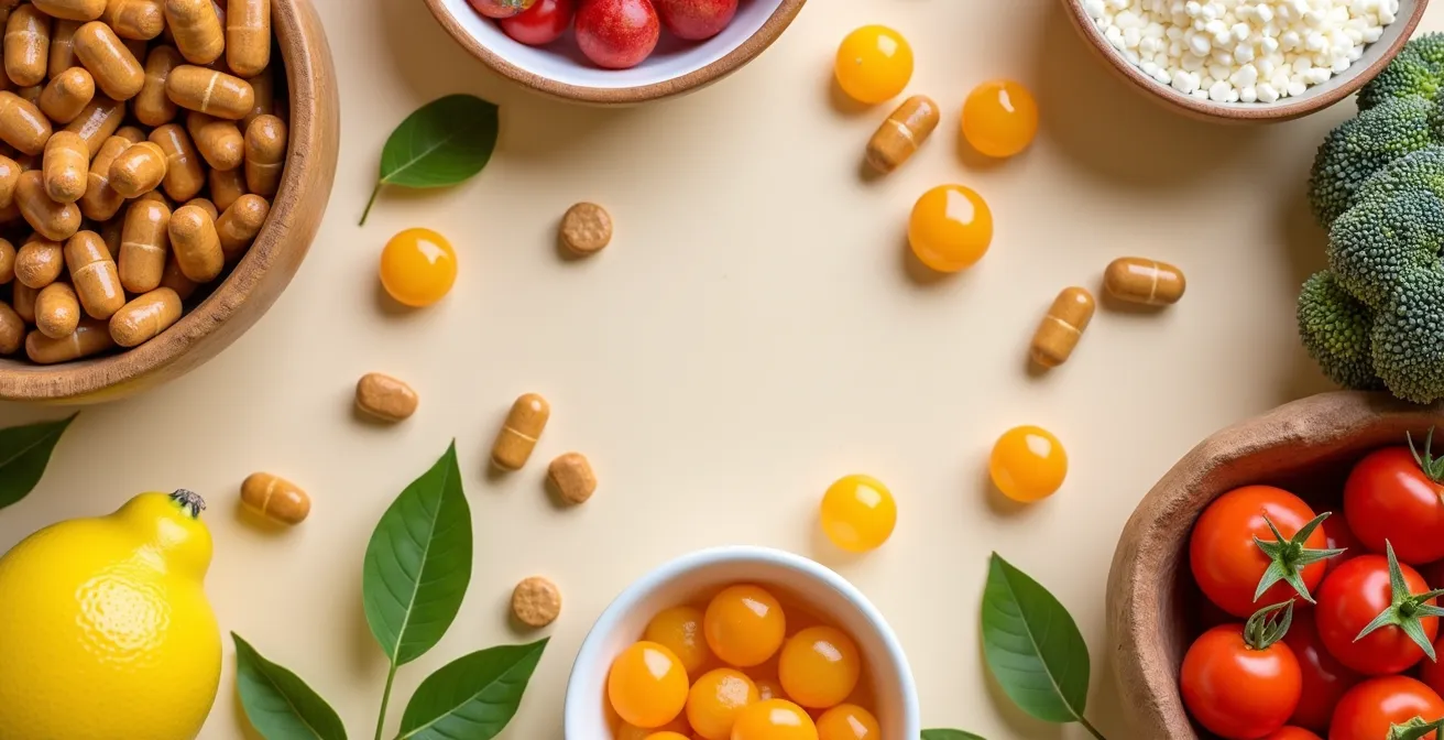 Photorealistic image of various nutrient-rich foods and capsules representing cognitive enhancing ingredients