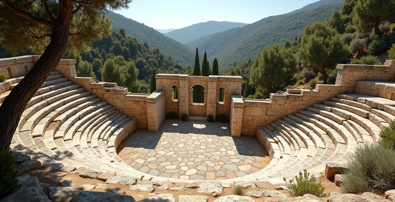 Stone amphitheater nestled among olive trees and Mediterranean vegetation during golden hour with atmospheric lighting