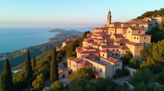 Panoramic view of Ramatuelle's hillside village with traditional Provençal architecture overlooking the Mediterranean coastline and vineyards