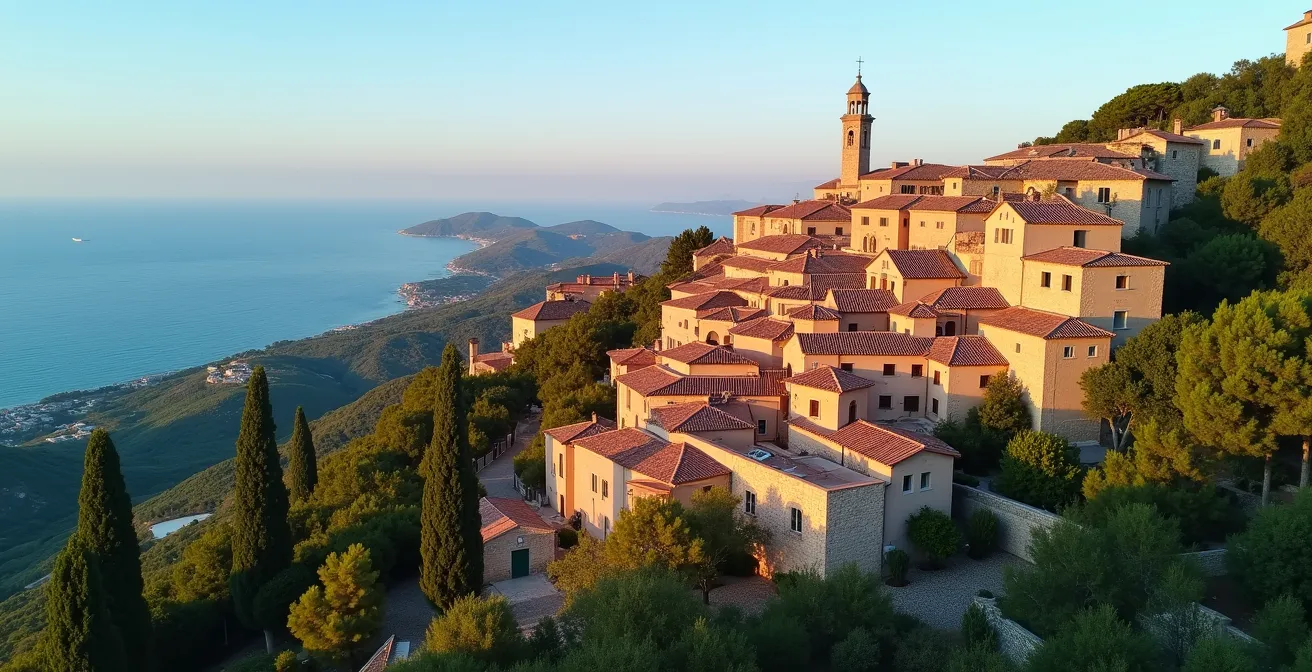 Panoramic view of Ramatuelle's hillside village with traditional Provençal architecture overlooking the Mediterranean coastline and vineyards