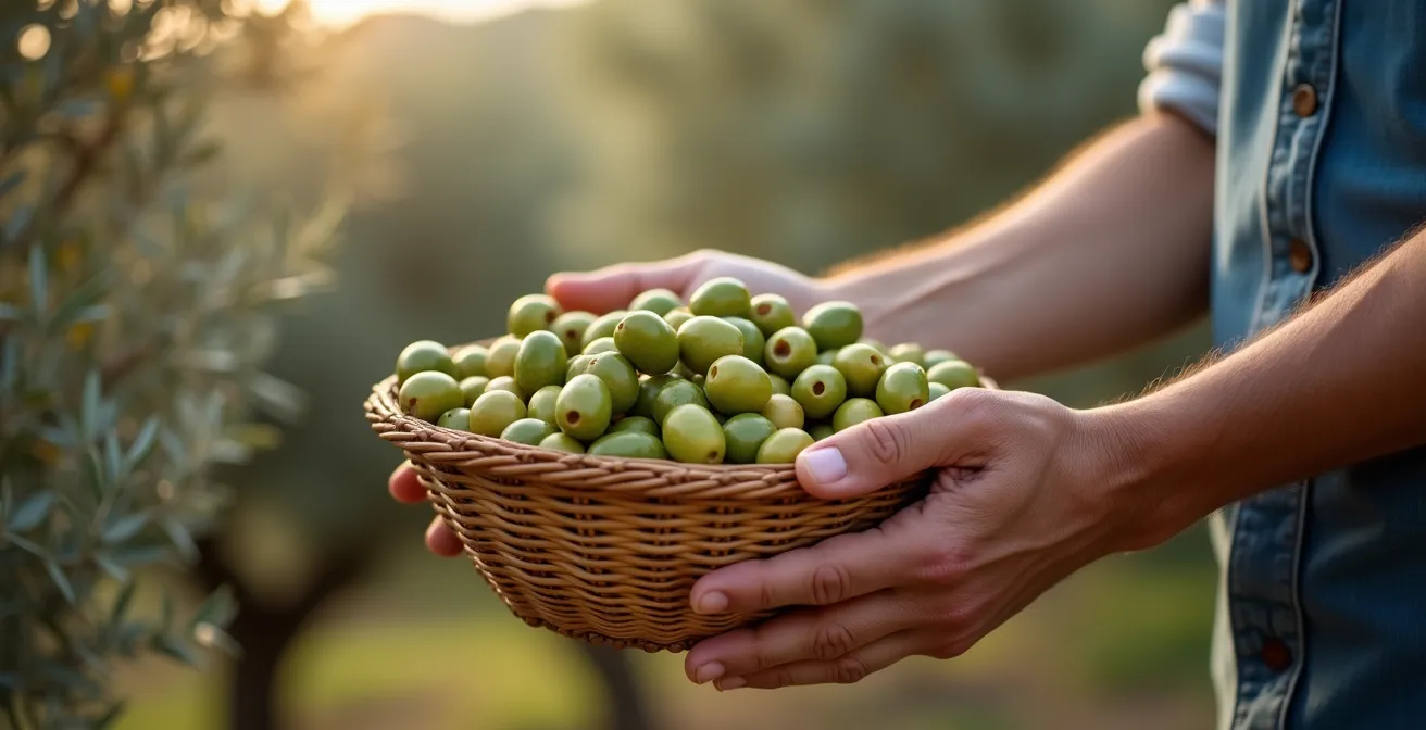 Traditional woven baskets filled with fresh olives in Mediterranean olive grove with dappled sunlight