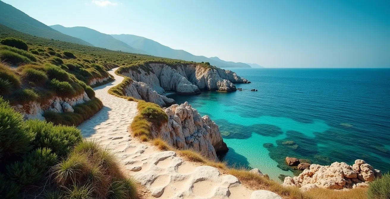 Vue du sentier côtier longeant les criques rocheuses et la mer turquoise à Ramatuelle