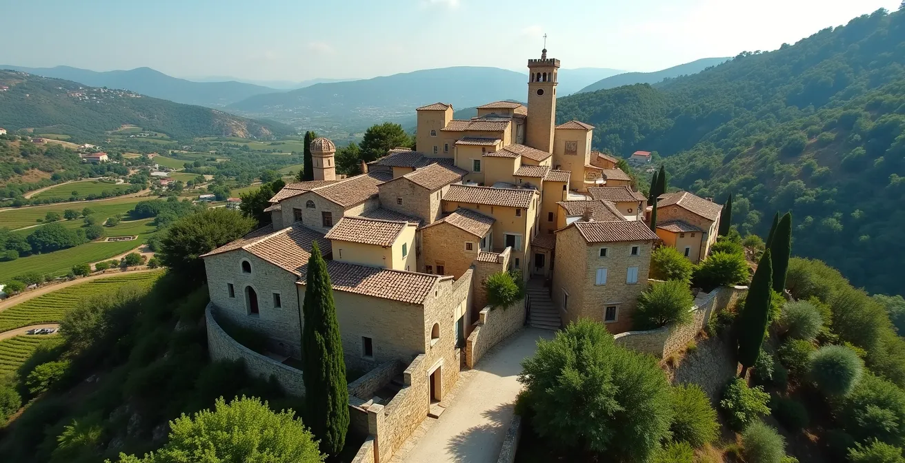 Vue aérienne du village pittoresque de Ramatuelle avec ses ruelles en colimaçon et vignobles environnants