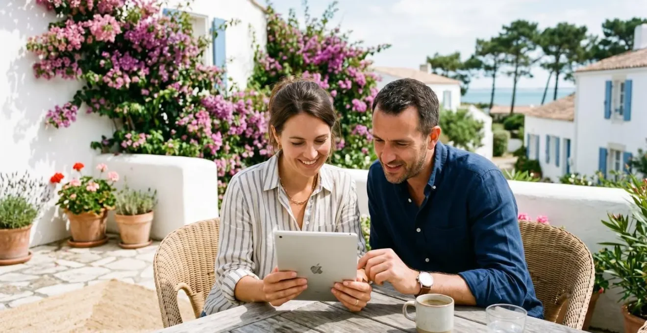 Couple reviewing last-minute rental details on a tablet on a sun-lit terrace