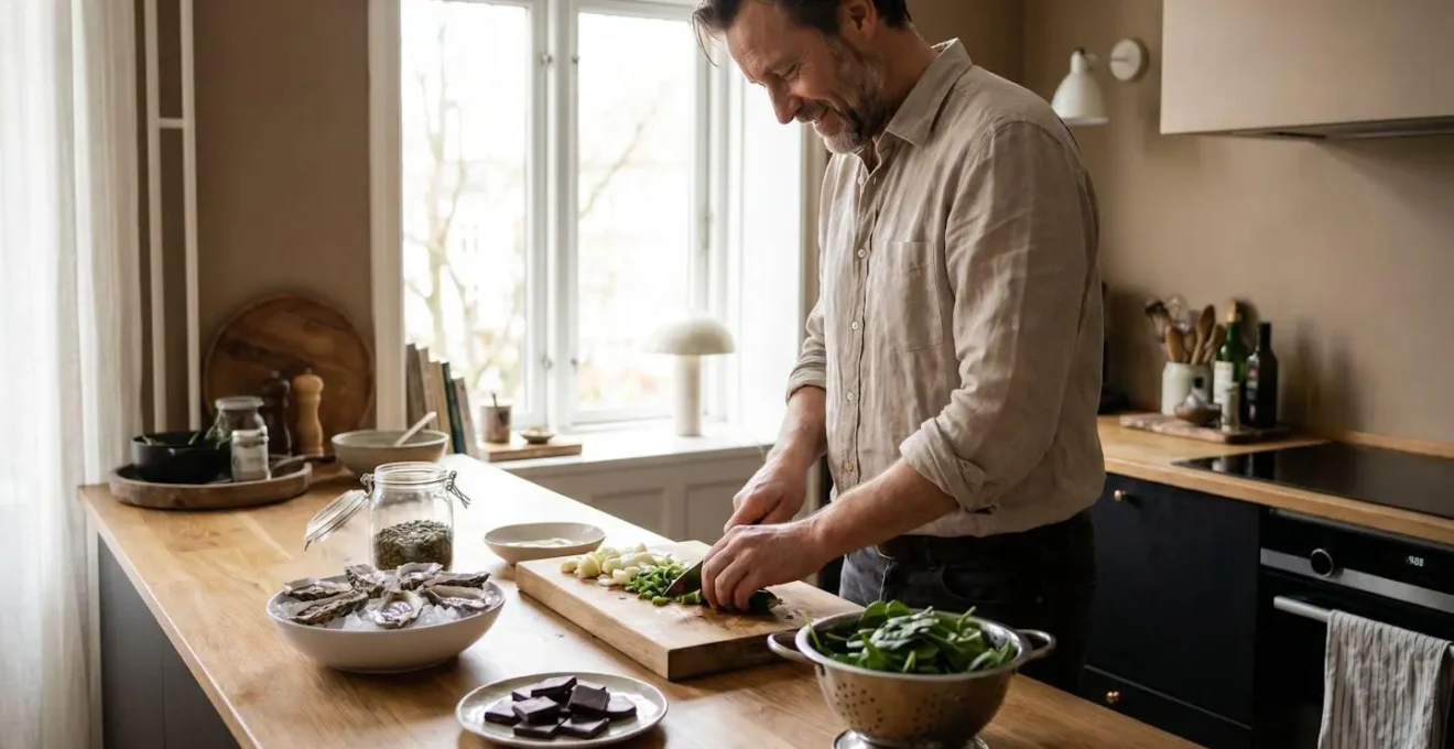 A man in his 40s preparing a nutrient-rich meal in a bright kitchen, featuring oysters, dark chocolate, and leafy greens