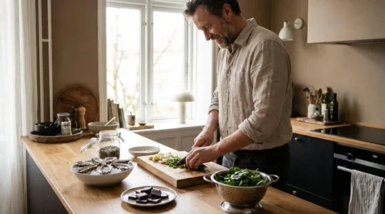 A man in his 40s preparing a nutrient-rich meal in a bright kitchen, featuring oysters, dark chocolate, and leafy greens