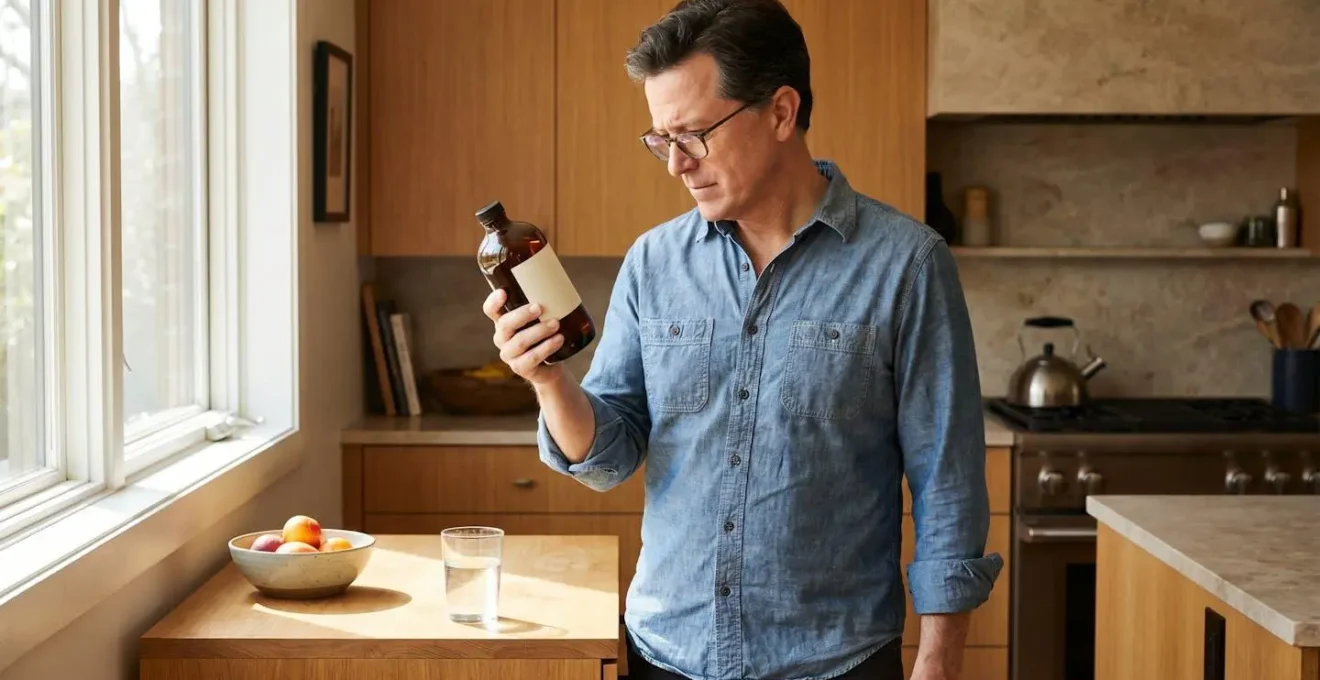 A man in his 40s carefully reading the label of a dietary supplement bottle in a well-lit kitchen, with a glass of water nearby