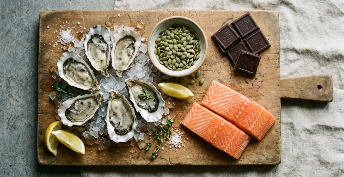 Overhead flat lay of zinc-rich foods including oysters on ice, pumpkin seeds, squares of dark chocolate, and sliced salmon on a wooden board