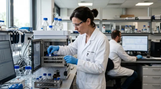 A scientist in a lab coat loading a sample vial into a chromatography instrument in a biotech laboratory.