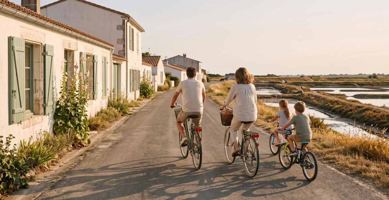 A family cycles past whitewashed houses and salt marshes on a sunny island lane.