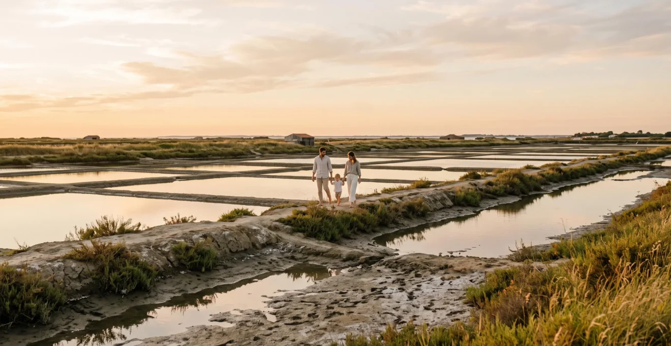 A family walks along a dyke path between flooded salt pans at golden hour.