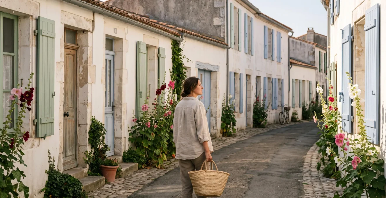 A woman walks with a basket along a quiet whitewashed village street in the morning.